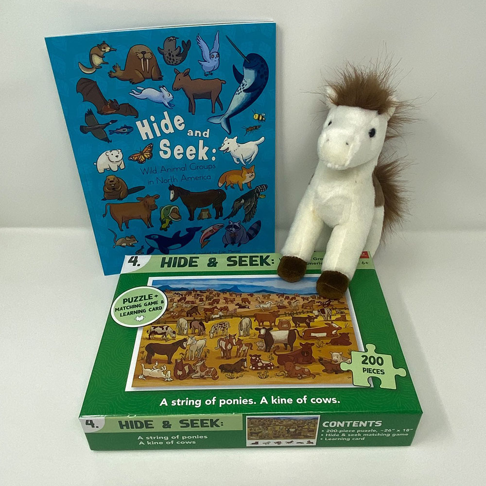 Hide & Seek Book + Pony Plush + Cow Puzzle