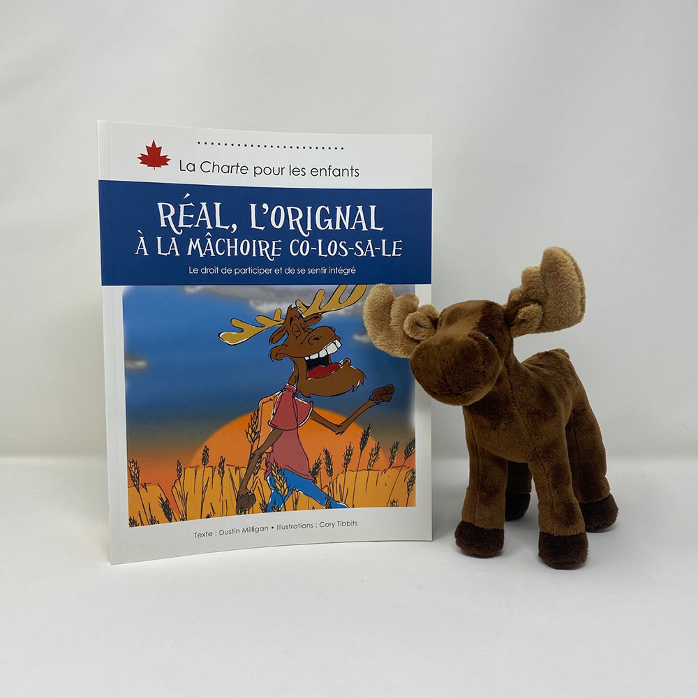 Réal, l’orignal à la mâchoire CO-LOS-SA-LE + Lumberjack Moose Plush