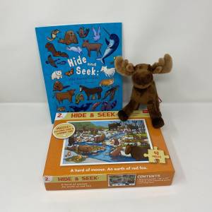 Hide & Seek Book + Lumberjack Moose Plush + Moose Puzzle